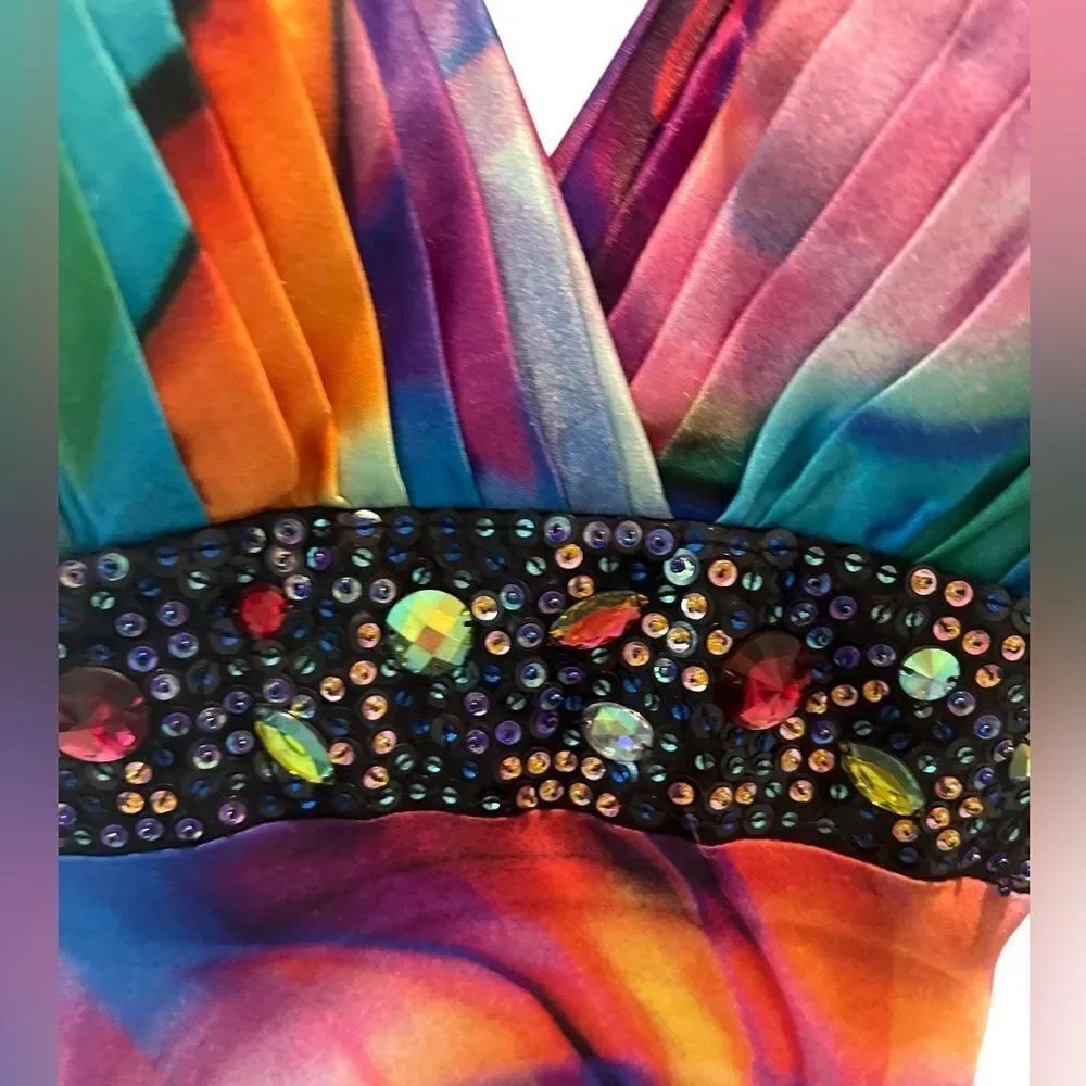 Vintage Caché Multicolor Rhinestone Embellished Open Back Maxi Dress Size - Picture 4 of 8